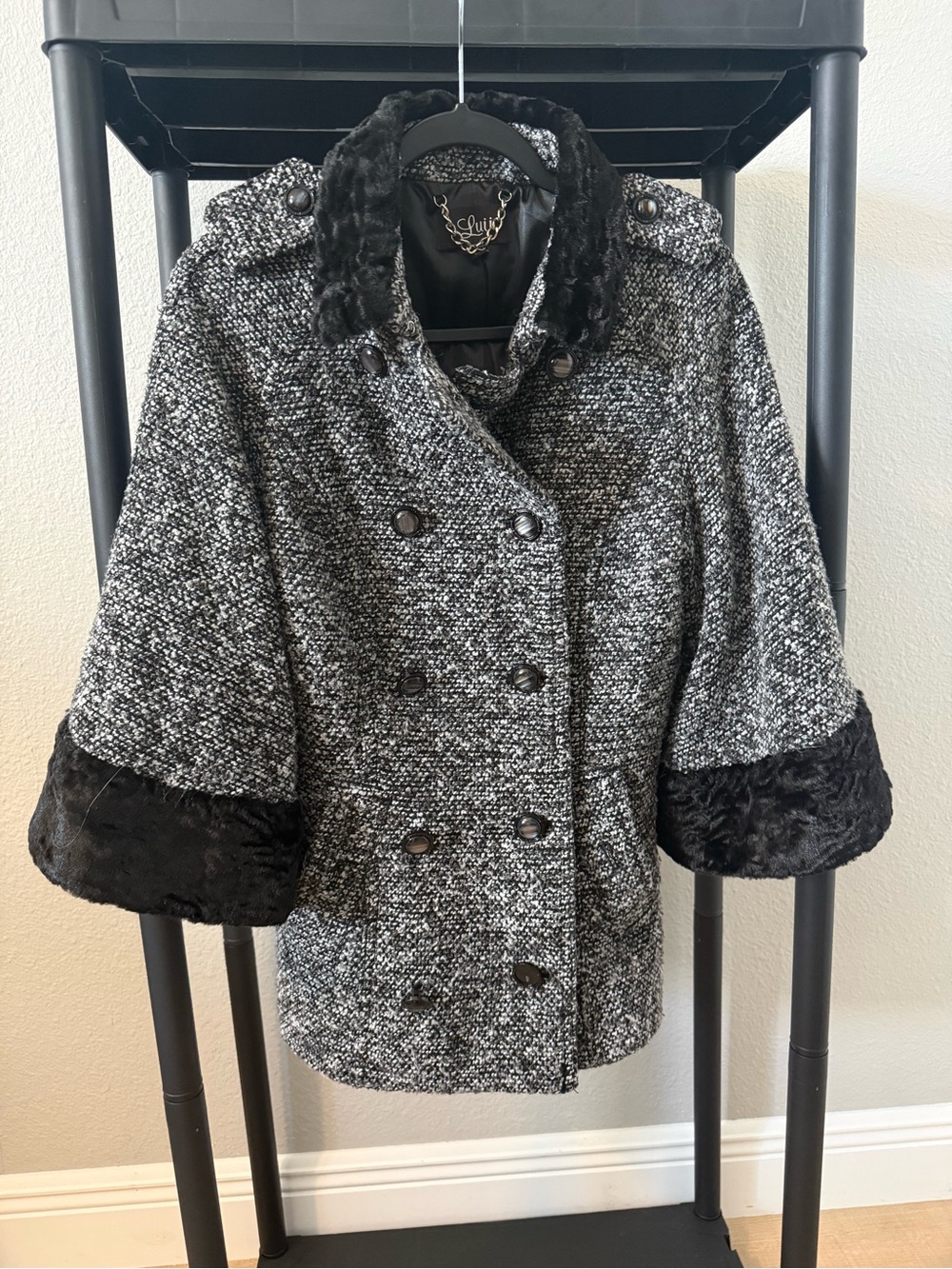 Luii Black and Gray Tweed Double-Breasted Pea Coat with Faux Fur Trim